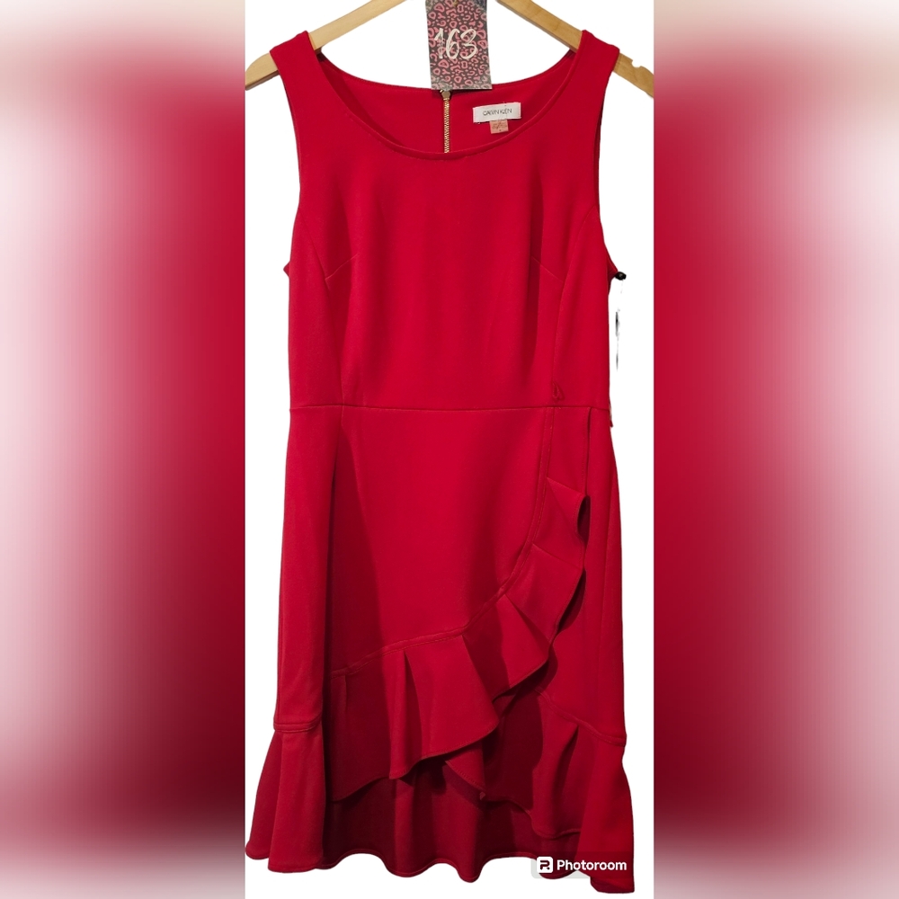WOMEN'S N.W.T. RED CALVIN KLEIN  MIDI  RUFGLES DRESS SZ. 8